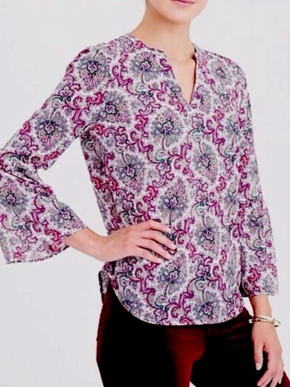 NWOT J Crew Paisley Medallion Printed Bell Sleeve Top Blouse XXL  Pink Green